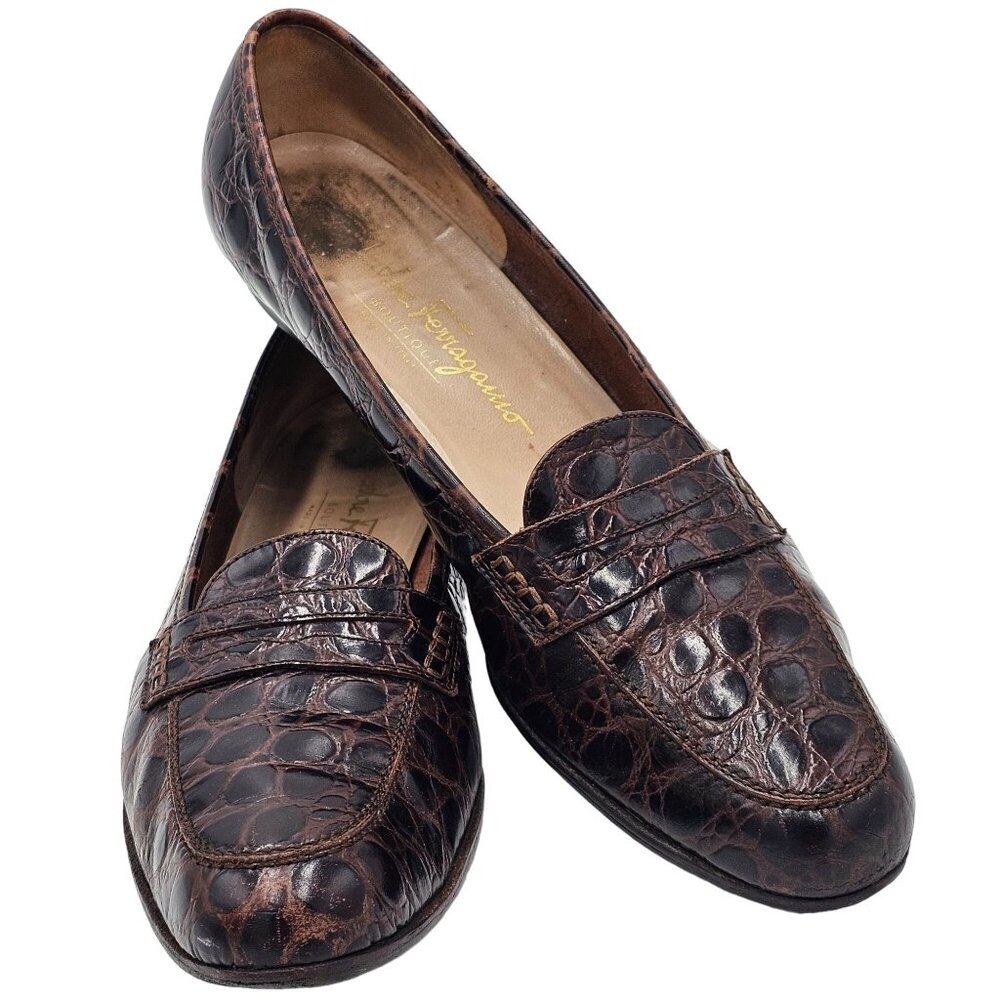 Vintage Salvatore Ferragamo Italy Crocodile Alligator Emb. Womens 8.5AAA Loafers - Picture 5 of 13